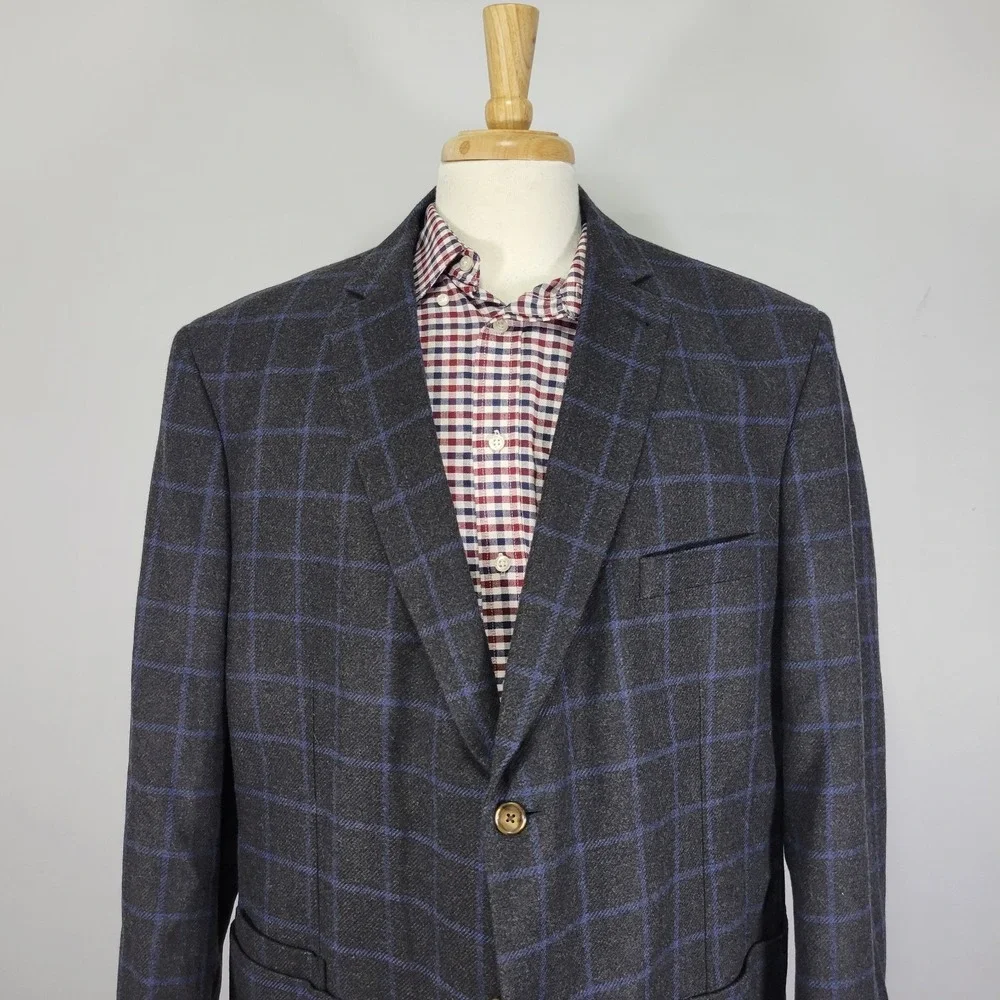 Westport Men's Sport Coat Blazer Two Button Flannel Charcaol Blue Plaid Wool 52R